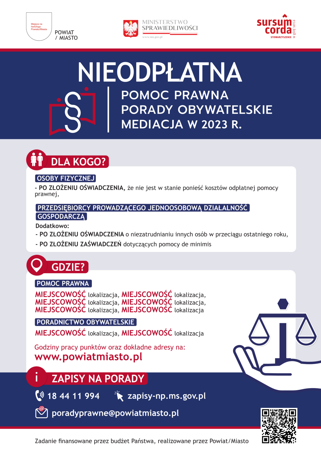 Plakat nieodpłatna pomoc prawna na terenie miasta/powiatu