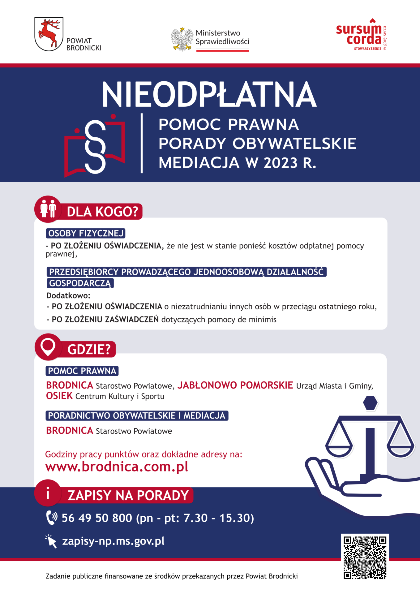 Plakat - nieodpłatna pomoc prawna w powiecie brodnickim