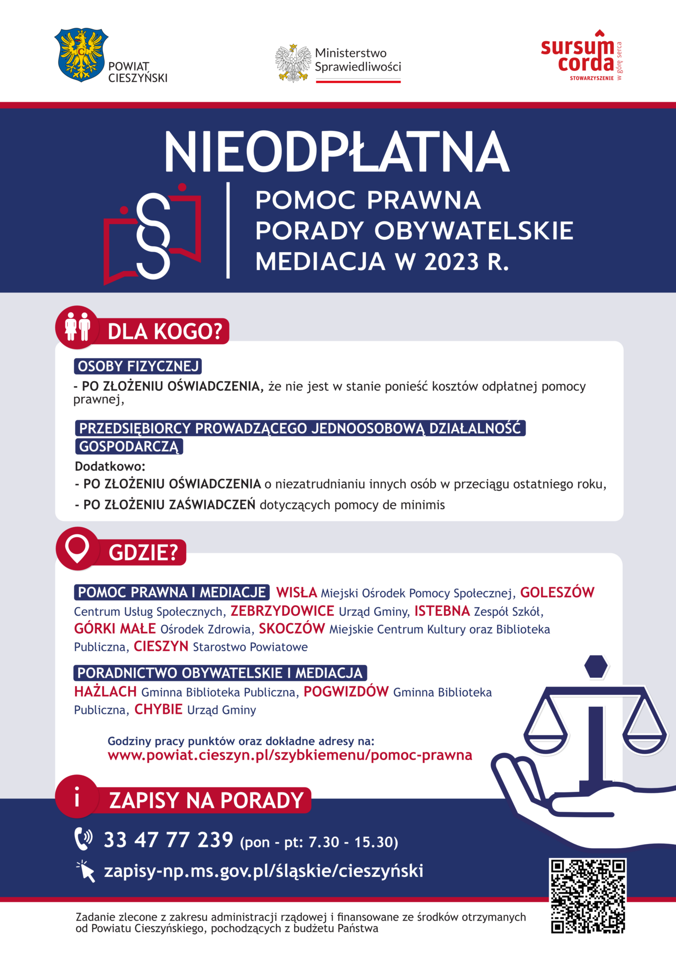PLAKAT – nieodpłatna pomoc prawna w powiecie cieszyńskim