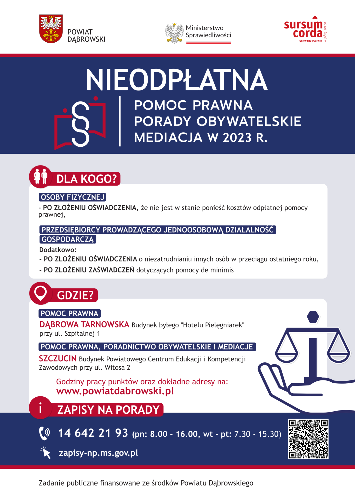 Plakat – nieodpłatna pomoc prawna w powiecie dąbrowskim