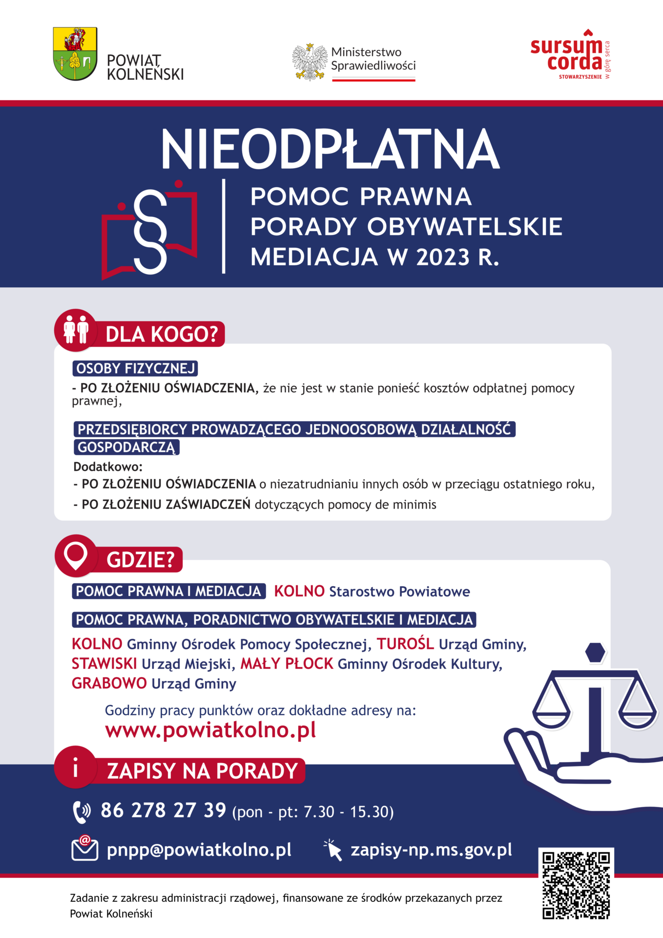 PLAKAT – nieodpłatna pomoc prawna w powiecie kolneńskim