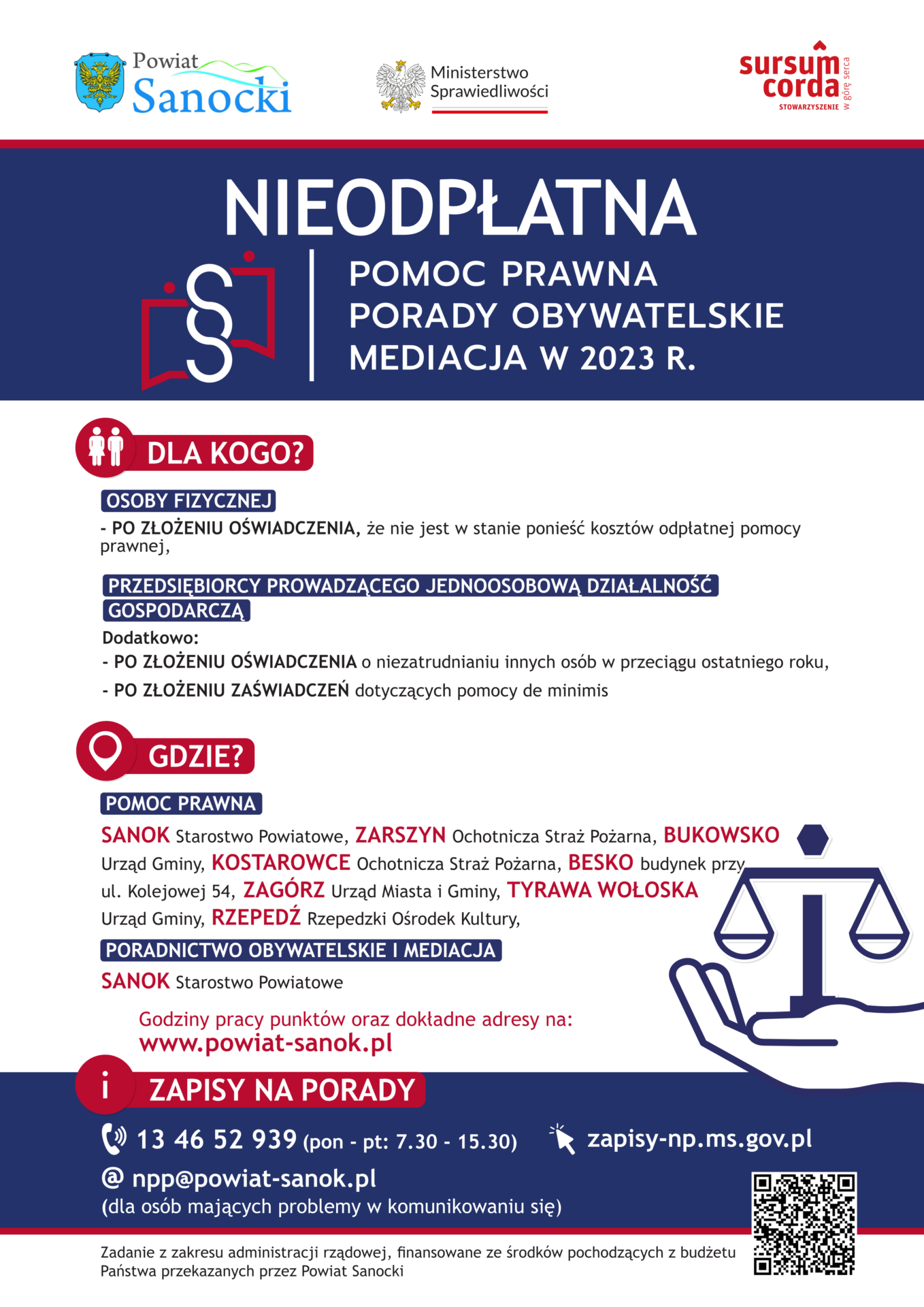 PLAKAT – nieodpłatna pomoc prawna w powiecie sanockim