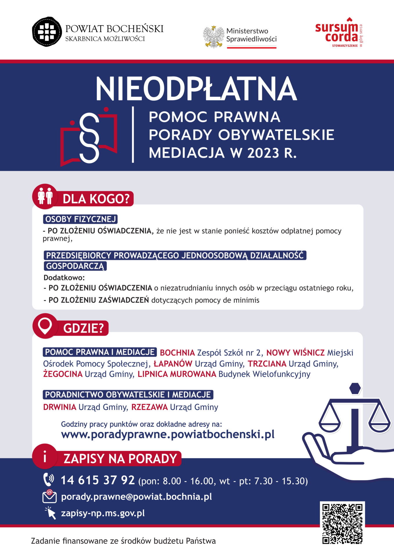 PLAKAT – nieodpłatna pomoc prawna w powiecie bocheńskim