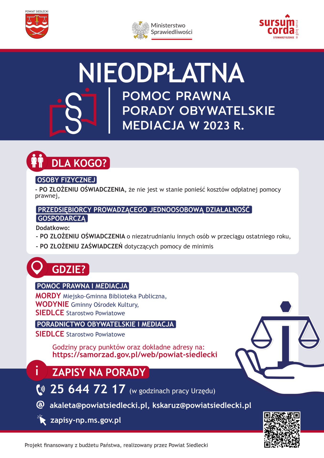 PLAKAT – nieodpłatna pomoc prawna w powiecie siedleckim